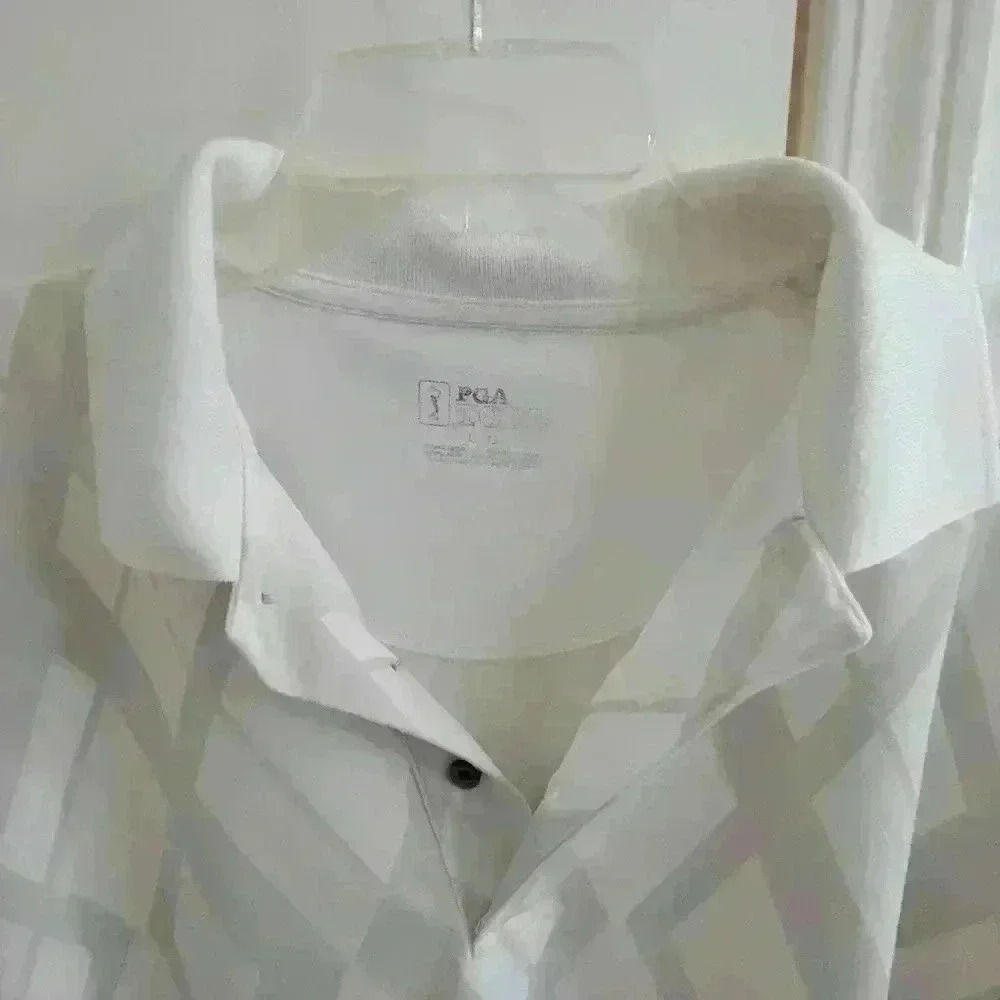 PGA Tour Shirt Men's L/G Golf Diagonal Pattern Short Sleeve Gray White Collard - Picture 12 of 12